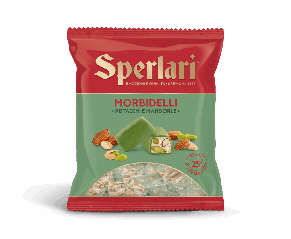 Torrone Morbidelli Con i Morbidelli Sperlari, la morbidezza del torroncino, incontra la croccantezza della frutta secca e il gusto avvolgenete delle golose coperture.