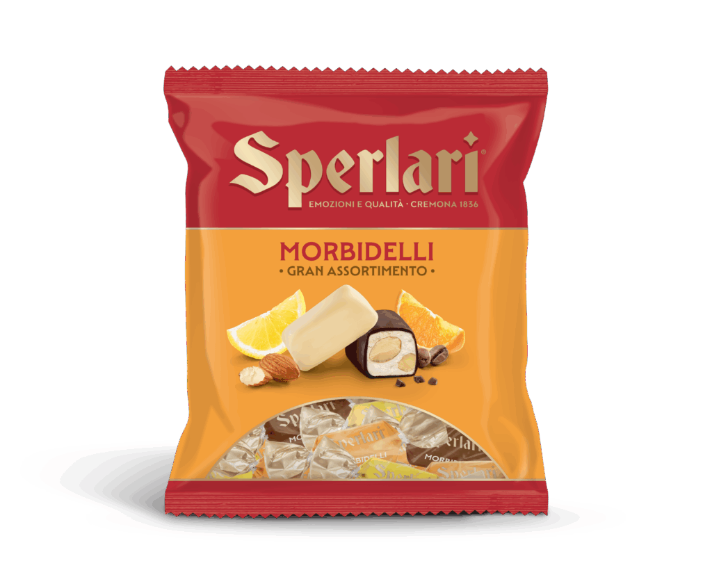 Torrone Morbidelli Con i Morbidelli Sperlari, la morbidezza del torroncino, incontra la croccantezza della frutta secca e il gusto avvolgenete delle golose coperture.