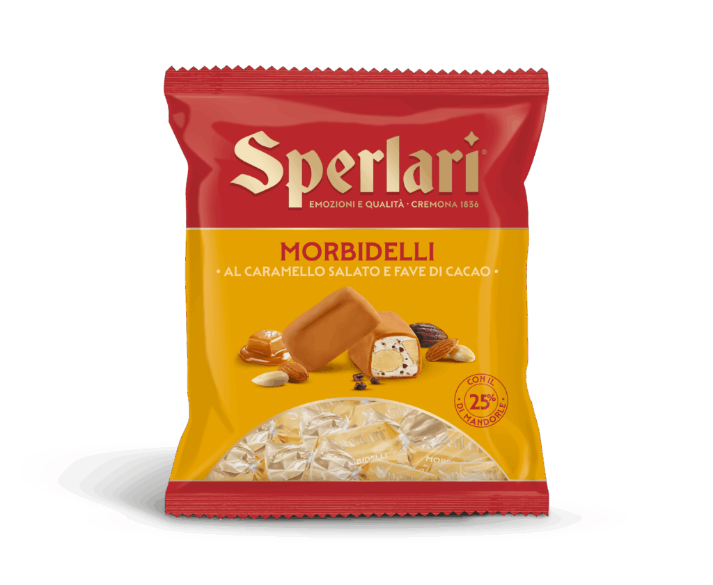Torrone Morbidelli Con i Morbidelli Sperlari, la morbidezza del torroncino, incontra la croccantezza della frutta secca e il gusto avvolgenete delle golose coperture.