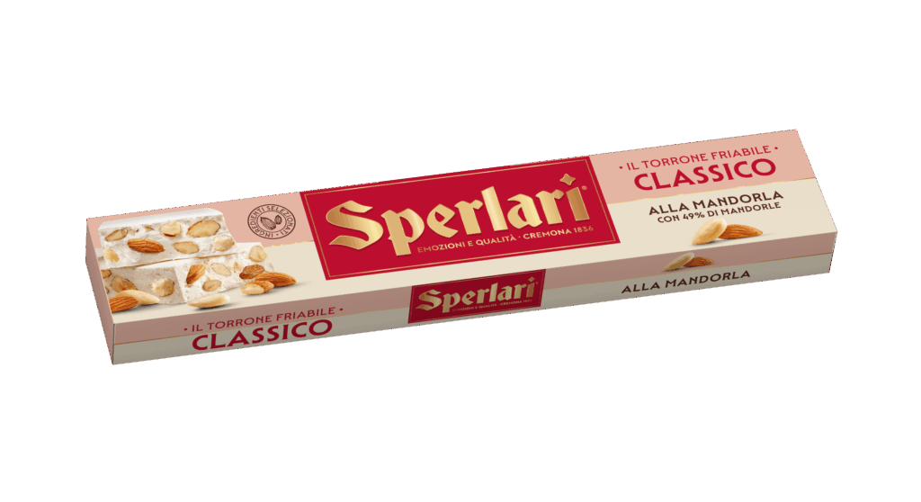 Torrone Bianco - Classico alla Mandorla Ingredienti: mandorle 49%, sciroppo di glucosio-fruttosio, zucchero, miele 5%, ostie ,albume d'uovo, aromi, aroma naturale di limone.