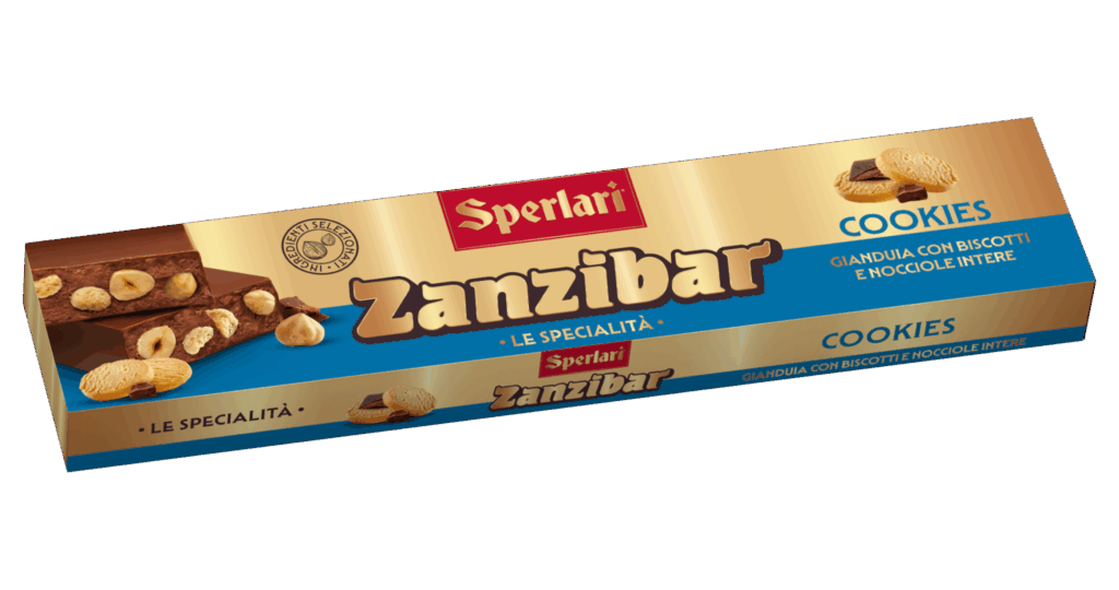 Torrone Nocciolato Zanzibar Il nocciolato Zanzibar unisce il gusto avvolgente del cioccolato gianduia o fondente alla croccantezza delle nocciole intere e della frutta secca.