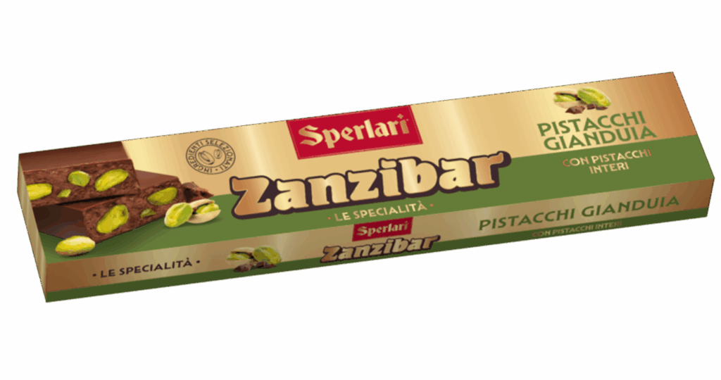 Torrone Nocciolato Zanzibar Il nocciolato Zanzibar unisce il gusto avvolgente del cioccolato gianduia o fondente alla croccantezza delle nocciole intere e della frutta secca.