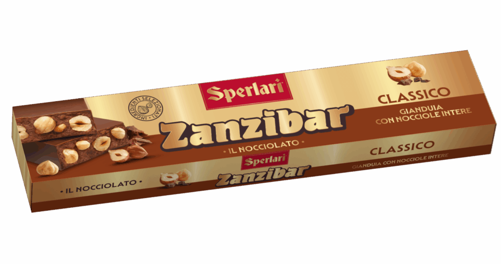Torrone Nocciolato Zanzibar Il nocciolato Zanzibar unisce il gusto avvolgente del cioccolato gianduia o fondente alla croccantezza delle nocciole intere e della frutta secca.