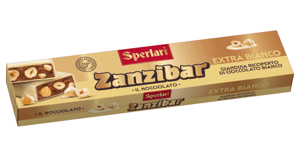 Torrone Nocciolato Zanzibar Il nocciolato Zanzibar unisce il gusto avvolgente del cioccolato gianduia o fondente alla croccantezza delle nocciole intere e della frutta secca.