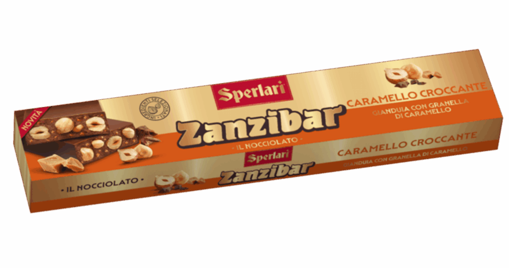 Torrone Nocciolato Zanzibar Il nocciolato Zanzibar unisce il gusto avvolgente del cioccolato gianduia o fondente alla croccantezza delle nocciole intere e della frutta secca.