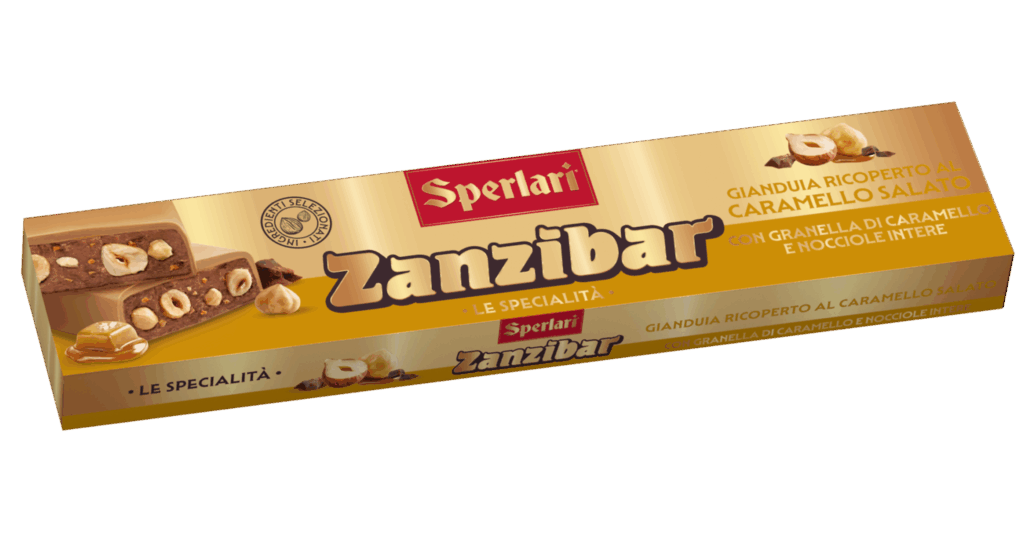 Torrone Nocciolato Zanzibar Il nocciolato Zanzibar unisce il gusto avvolgente del cioccolato gianduia o fondente alla croccantezza delle nocciole intere e della frutta secca.