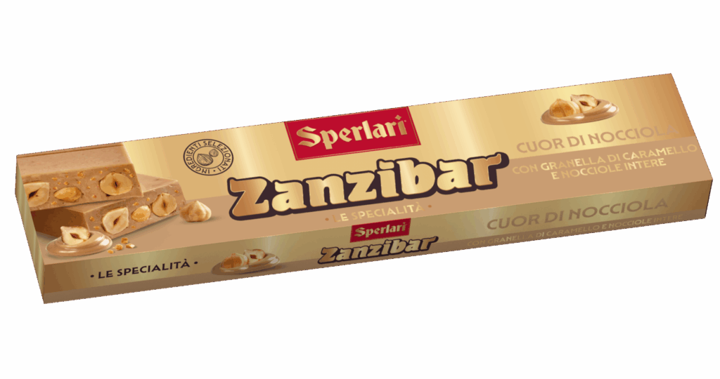 Torrone Nocciolato Zanzibar Il nocciolato Zanzibar unisce il gusto avvolgente del cioccolato gianduia o fondente alla croccantezza delle nocciole intere e della frutta secca.