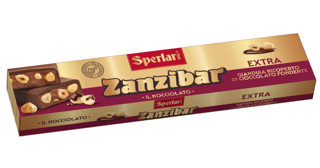 Torrone Nocciolato Zanzibar Il nocciolato Zanzibar unisce il gusto avvolgente del cioccolato gianduia o fondente alla croccantezza delle nocciole intere e della frutta secca.