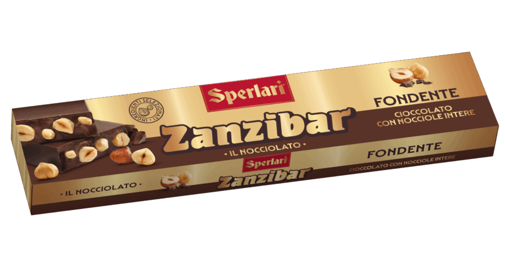 Torrone Nocciolato Zanzibar Il nocciolato Zanzibar unisce il gusto avvolgente del cioccolato gianduia o fondente alla croccantezza delle nocciole intere e della frutta secca.