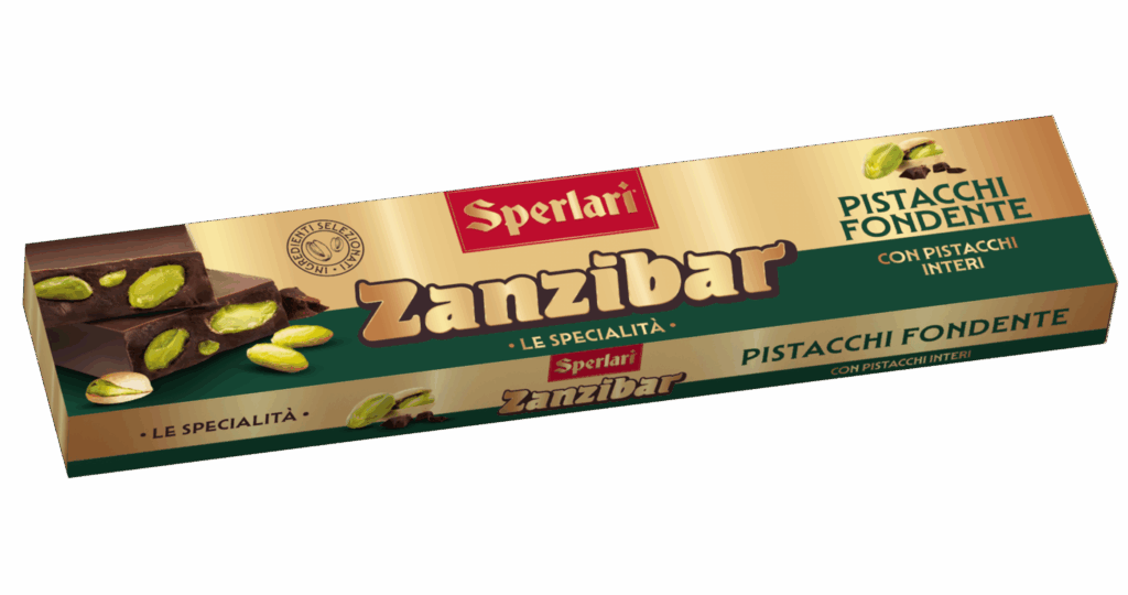 Torrone Nocciolato Zanzibar Il nocciolato Zanzibar unisce il gusto avvolgente del cioccolato gianduia o fondente alla croccantezza delle nocciole intere e della frutta secca.