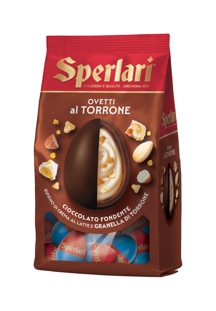 Il torrone, simbolo della tradizione Sperlari, racchiuso in un goloso ovetto: con guscio di cioccolato fondente, ripieno di crema al latte e arricchito con croccante granella di torrone.